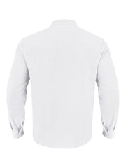 White cotton band collar button-down shirt with long sleeves