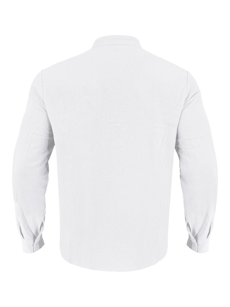 White cotton band collar button-down shirt with long sleeves