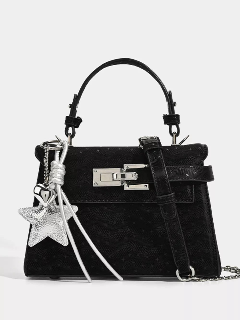 Black mini tote bag with buckle detail and star charm