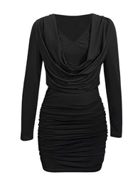 Red Ruched Cowl Neck Long Sleeve Mini Dress