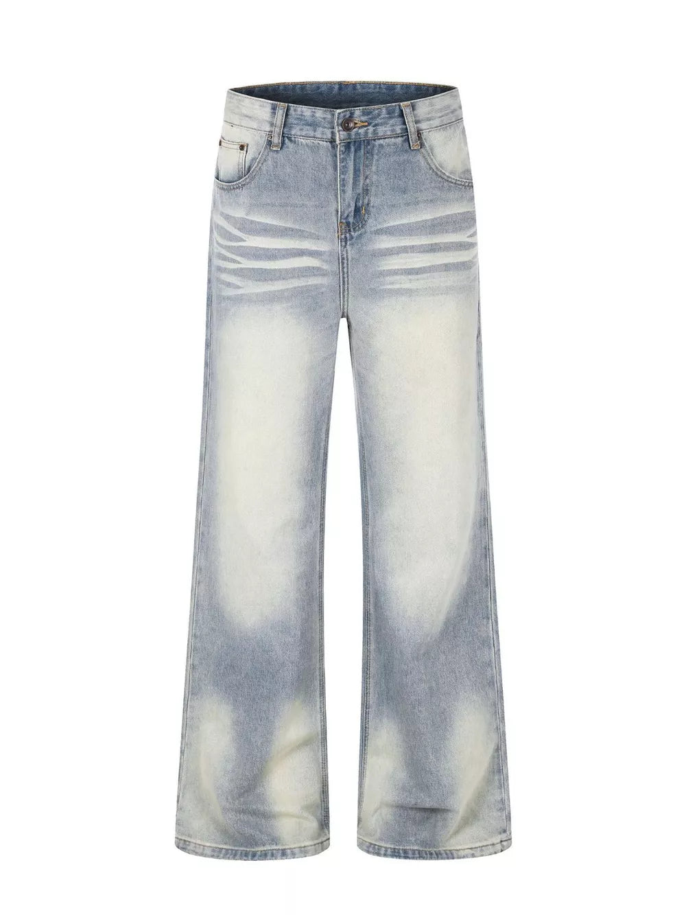 Men's light wash vintage distressed wide leg cotton jeans with a relaxed fit.