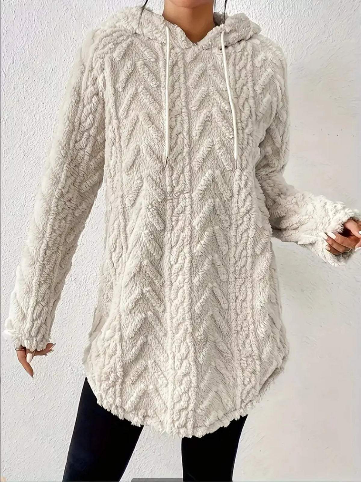 Textured fleece hoodie in gray/white with drawstring hood and chevron pattern.