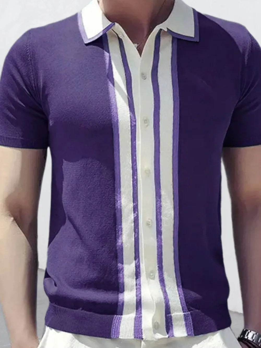 Violet vertical stripe knitted polo shirt with white collar and button placket.
