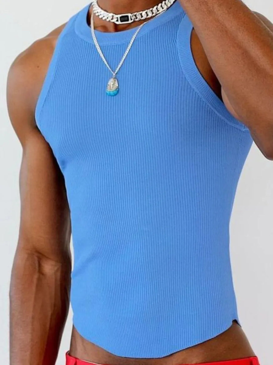 Blue ribbed tank top with asymmetric hem and crew neck