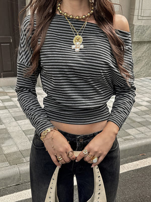 gray one-shoulder top featuring stretch and striped