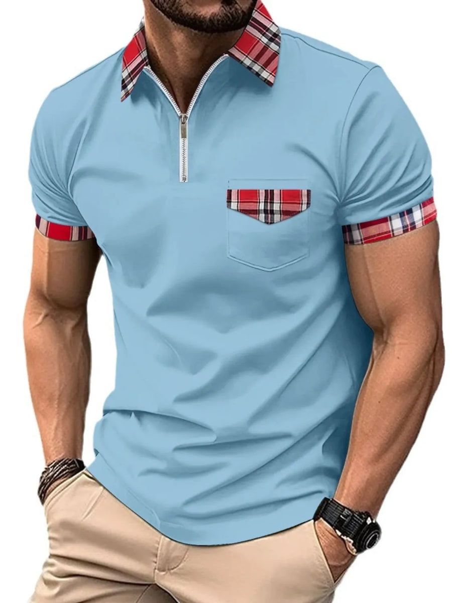 Pastel blue zip polo shirt with plaid collar, pocket and sleeve trim
