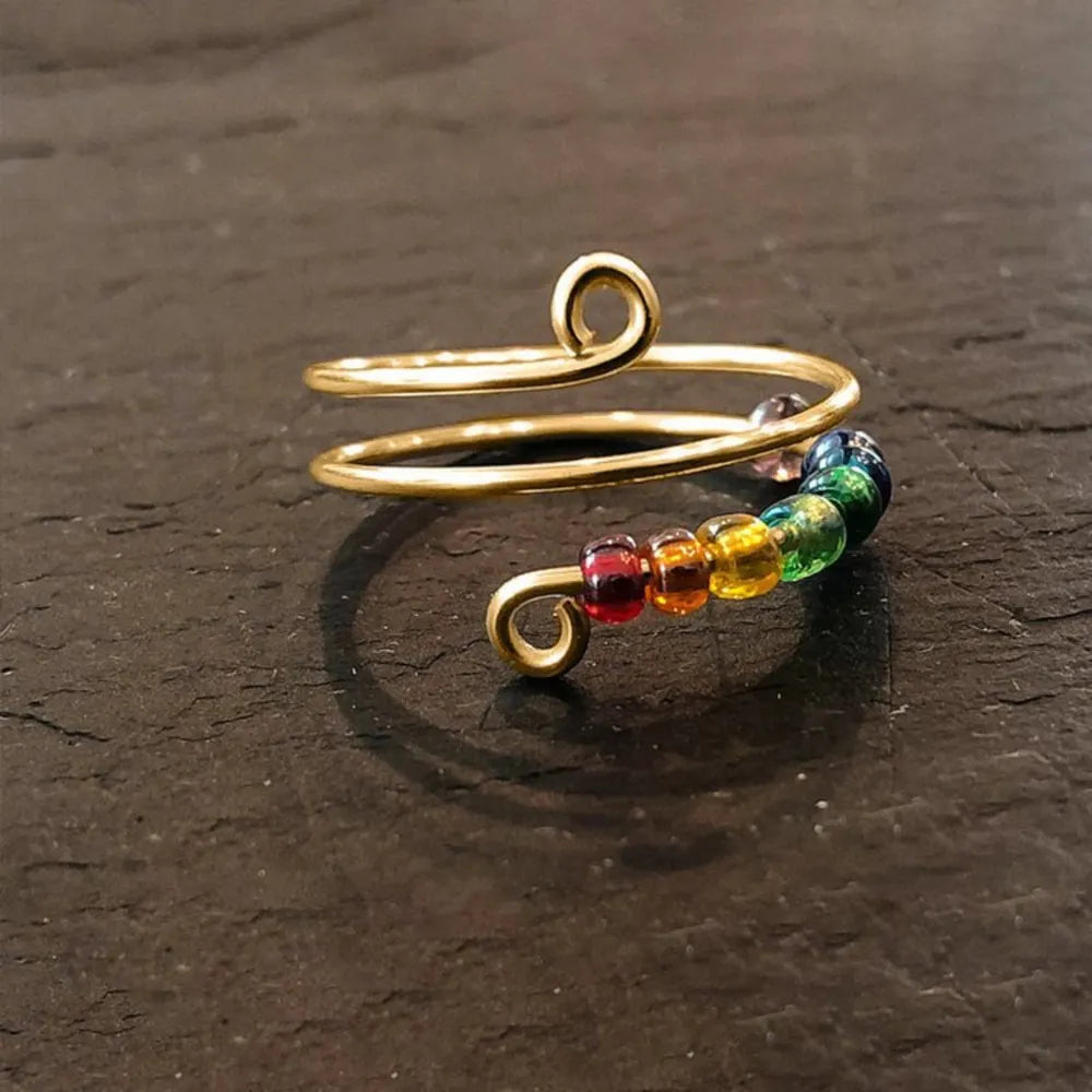 Gold spiral ring with rainbow beads, adjustable boho style