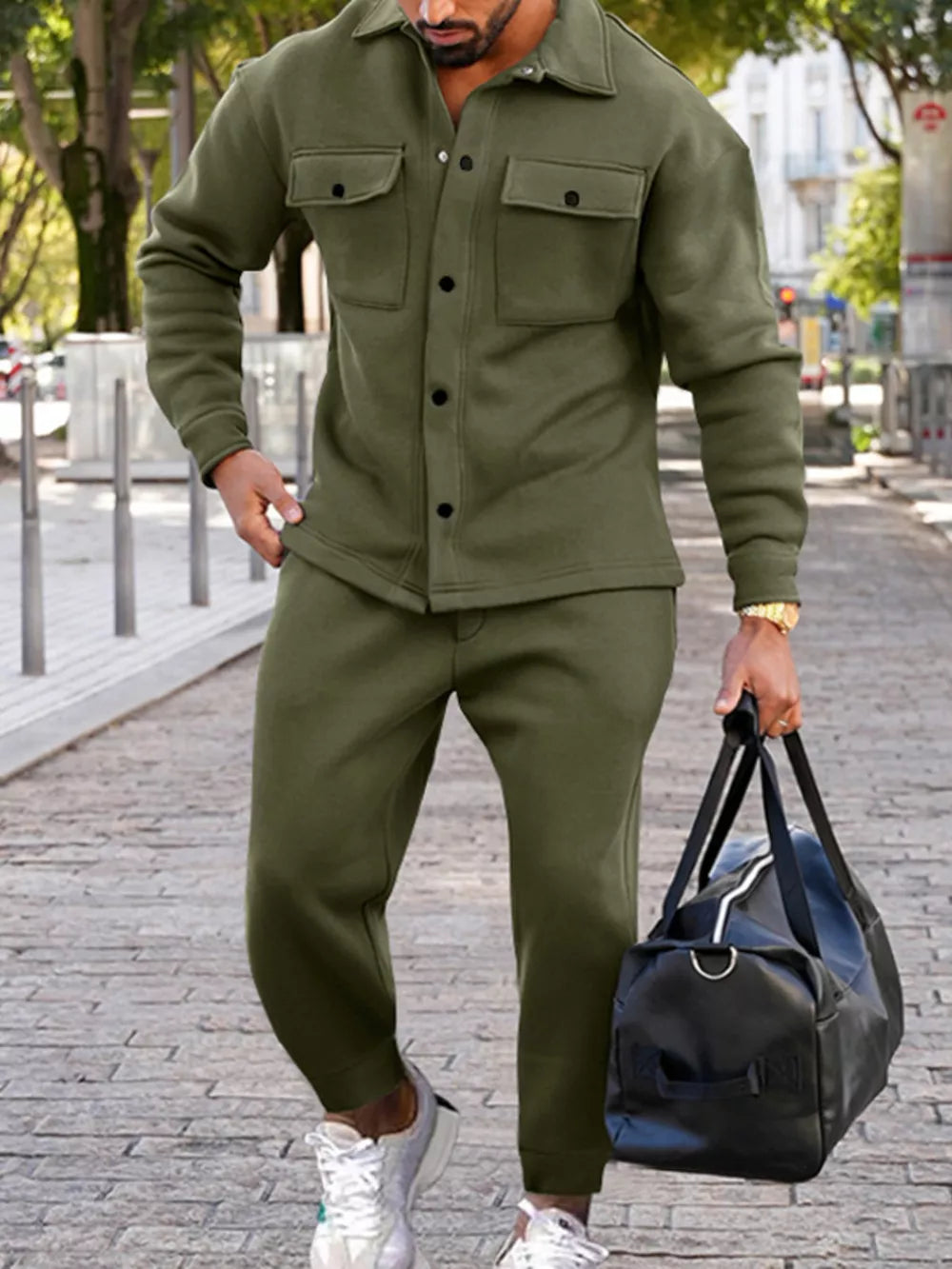 lounge set in Army Green with collared and long sleeve
