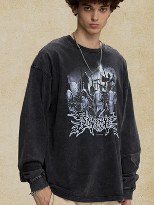 Washed black oversized long sleeve t-shirt with a graphic print and distressed details.