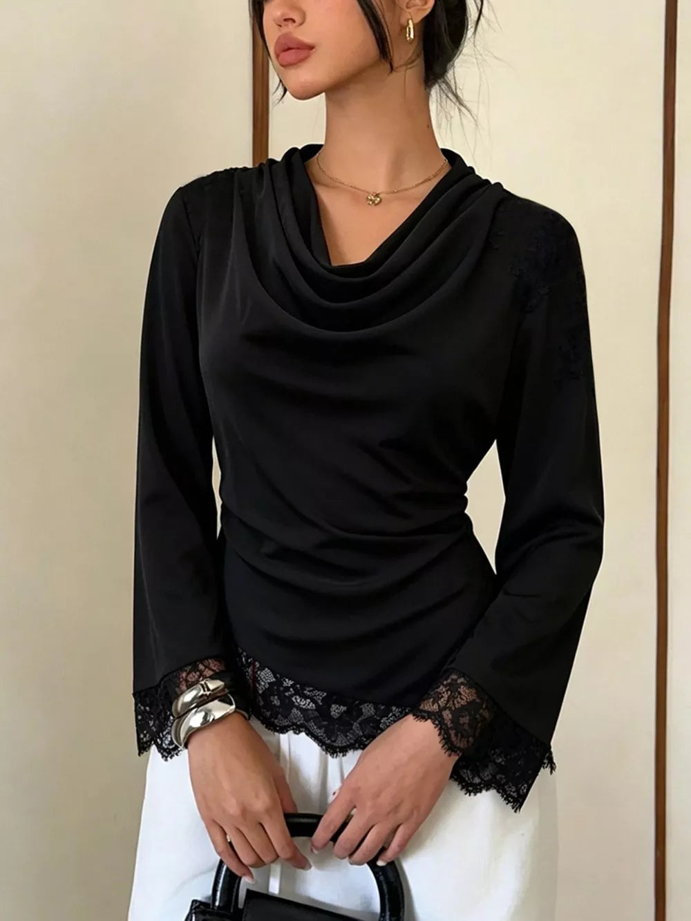 Black Lace Trim Cowl Neck Blouse