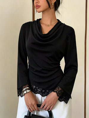 Black Lace Trim Cowl Neck Blouse