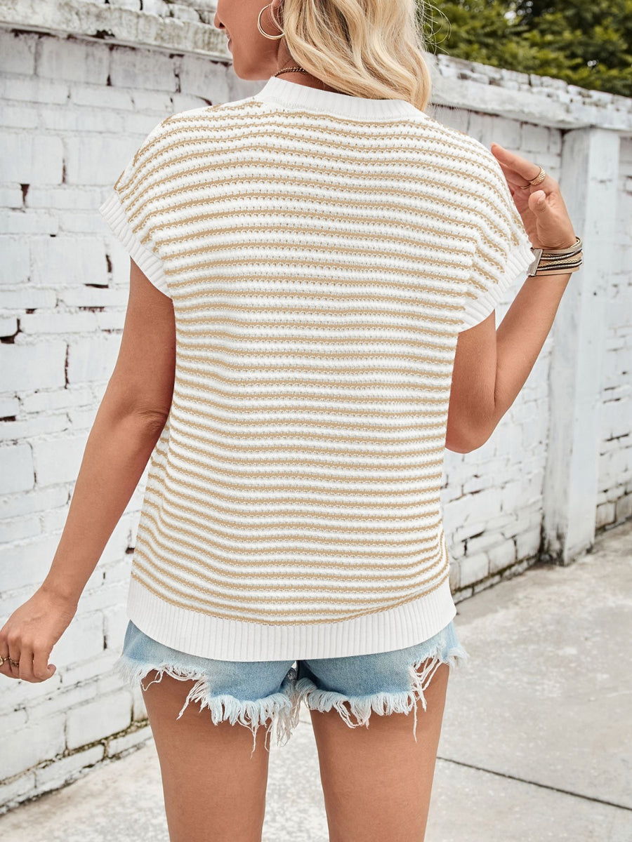 Textured stripe knit top in white and tan with cap sleeves.