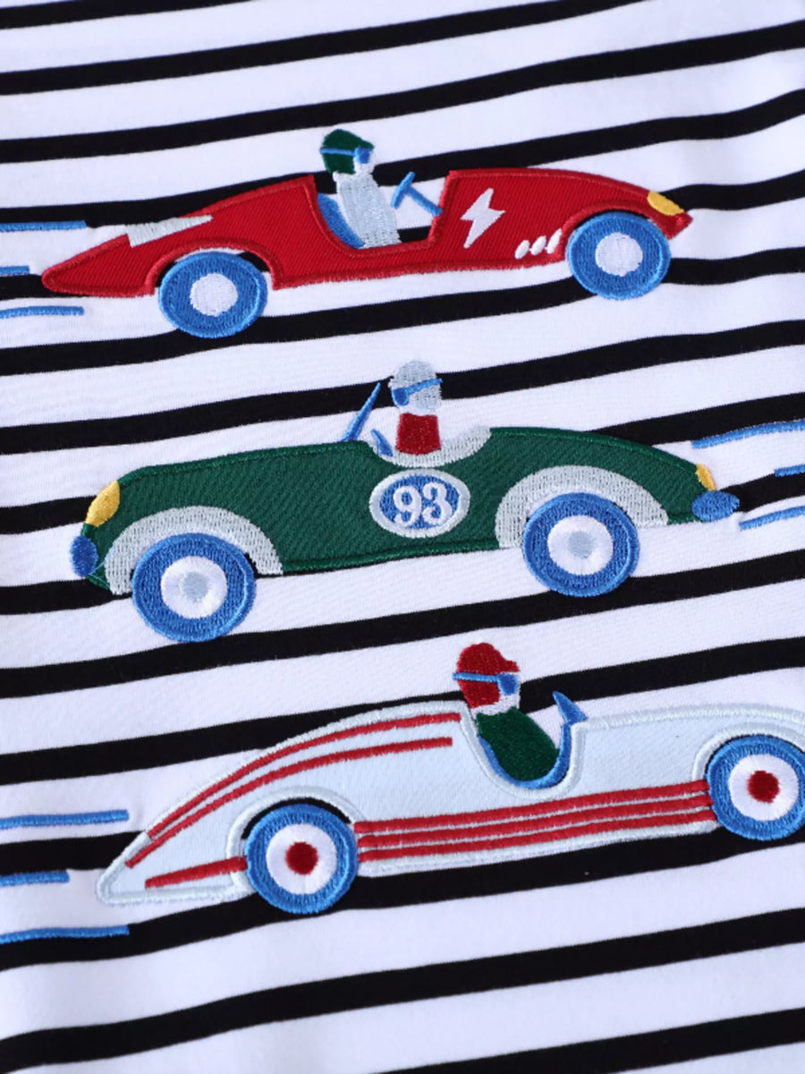 Black and white striped long-sleeve tee with embroidered racing cars.