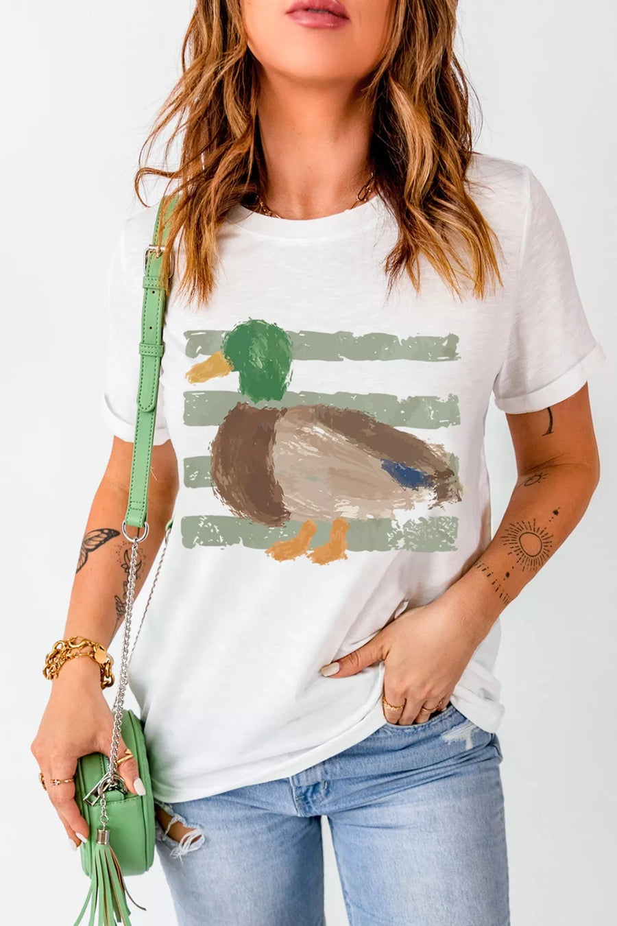 White cotton t-shirt with artistic mallard duck graphic and brushstroke stripes.