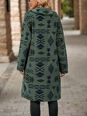 Sage Aztec Print Teddy Longline Coat with a shawl collar.