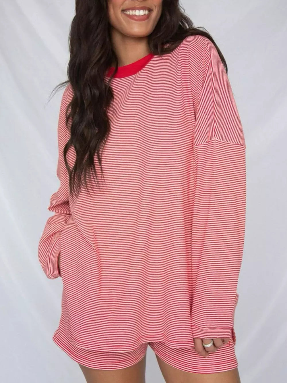 white pajama set featuring dropped shoulder and striped
