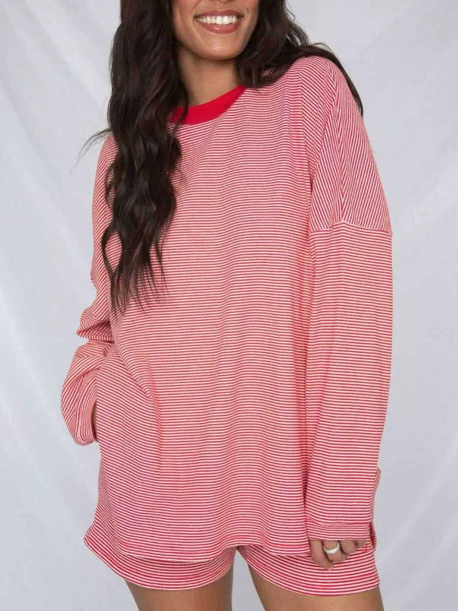 white pajama set featuring dropped shoulder and striped