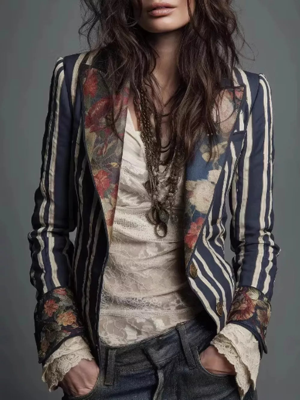 navy blue blazer with striped, floral and notch lapel
