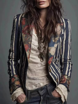 navy blue blazer with striped, floral and notch lapel