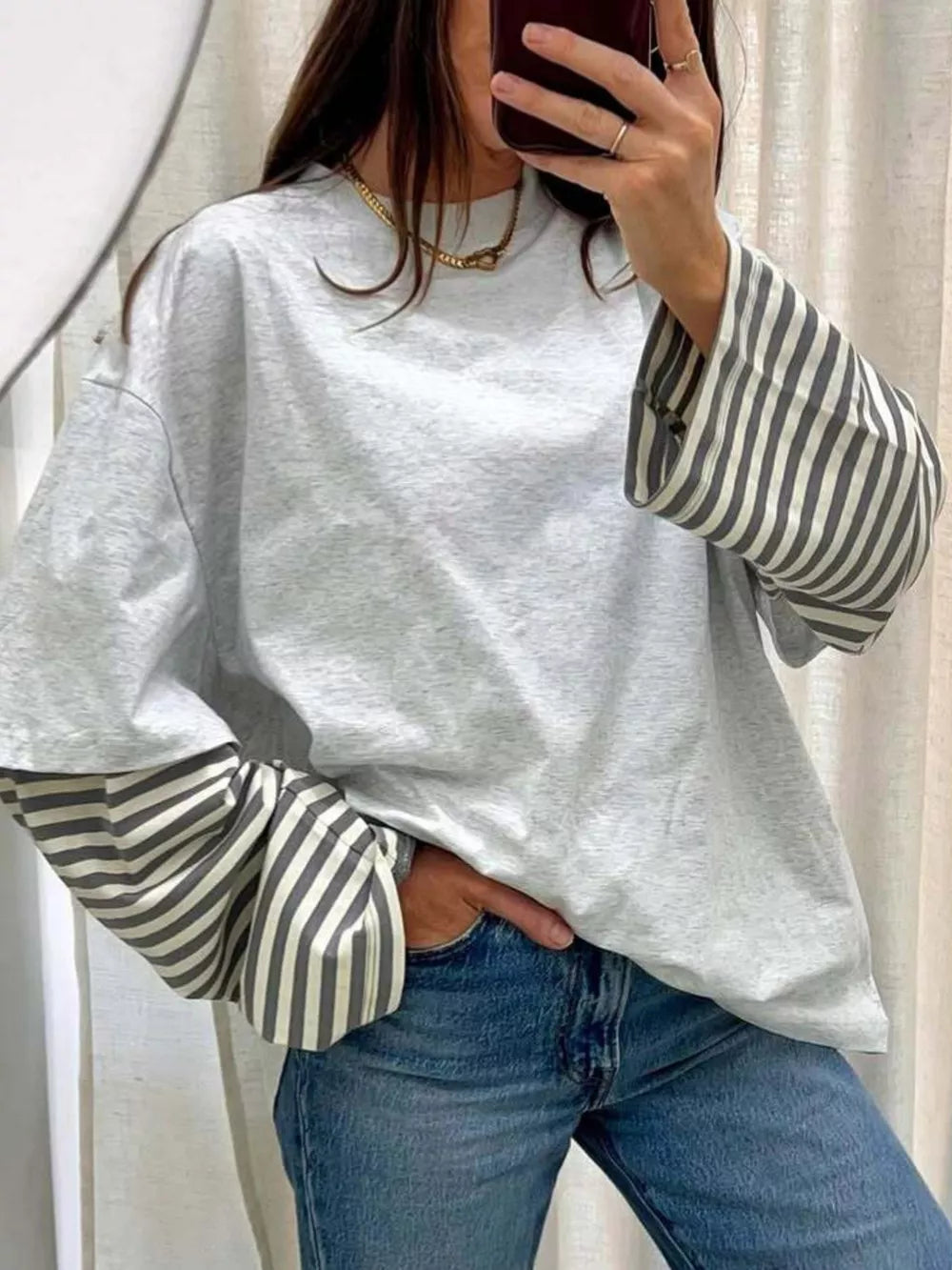 light gray t-shirt with striped and crew neck