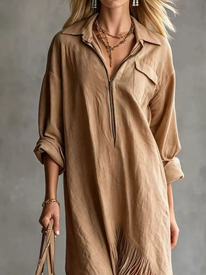 Fringe Hem Zip-up Shirt Dress in Khaki with pocketed