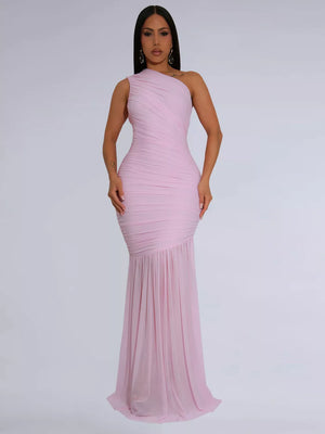 Blush pink ruched one-shoulder bodycon maxi dress with flowing skirt.