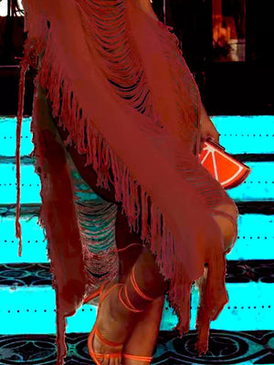 Red distressed fringe midi dress with square neck and bodycon fit, styled with orange strappy heels.