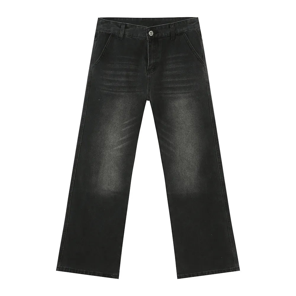 Dark wash wide leg jeans with front pockets and a button closure.