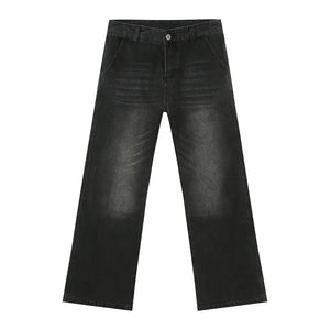 Dark wash wide leg jeans with front pockets and a button closure.