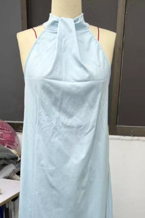 Light blue cotton blend maxi dress with twisted halter neckline
