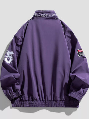 Purple bomber jacket with white graphic details on sleeves and collar