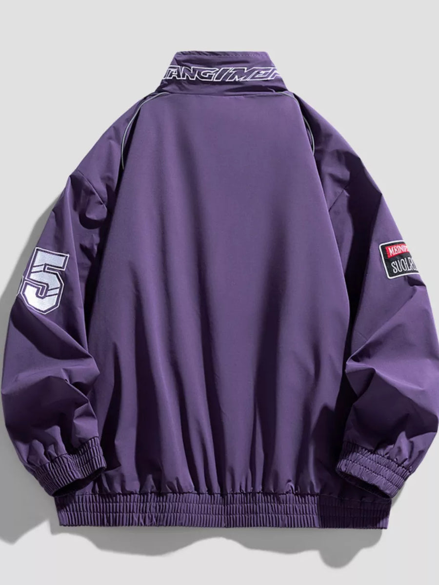 Purple bomber jacket with white graphic details on sleeves and collar