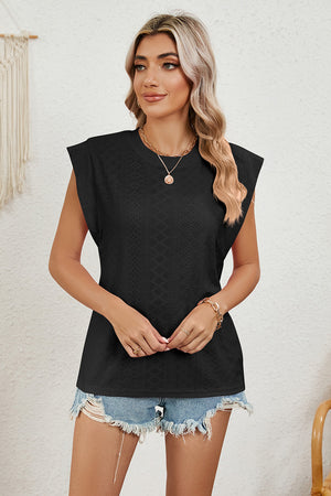 Black perforated shoulder-pad top with a diamond pattern, round neck, and cap sleeves.