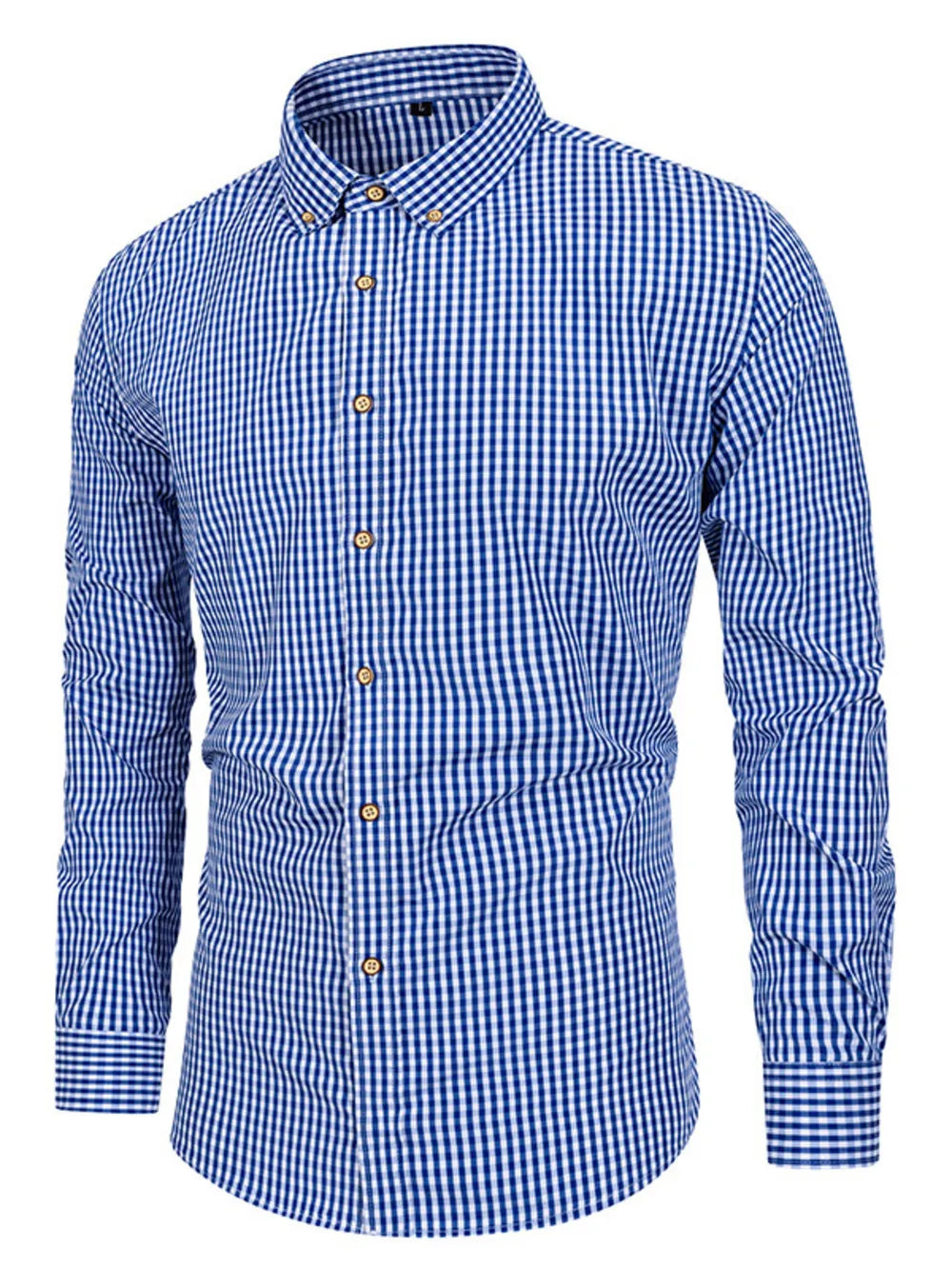 royal blue button-down shirt with gingham and collared