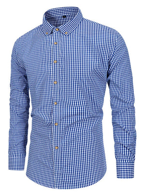 royal blue button-down shirt with gingham and collared