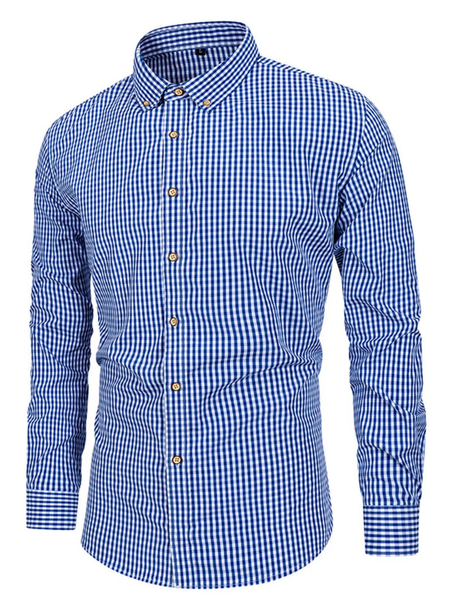 royal blue button-down shirt with gingham and collared