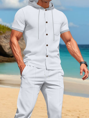 Men's Short-sleeve Hooded Top And Shorts Set in Khaki