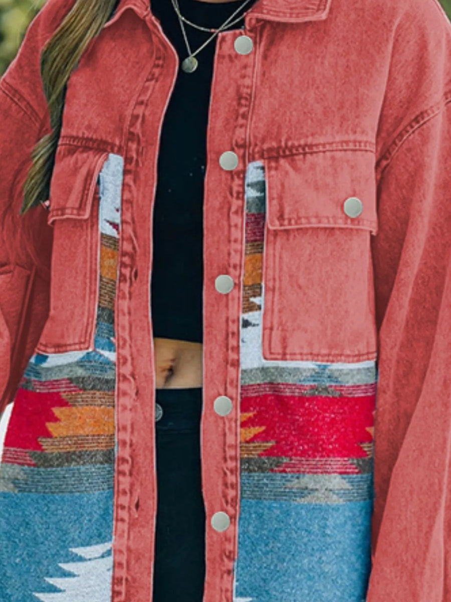 Oversized trucker jacket in strawberry with Aztec print panels and button front.