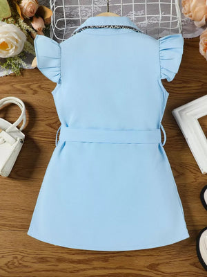 Sky blue belted toddler dress with ruffled sleeves and decorative collar.