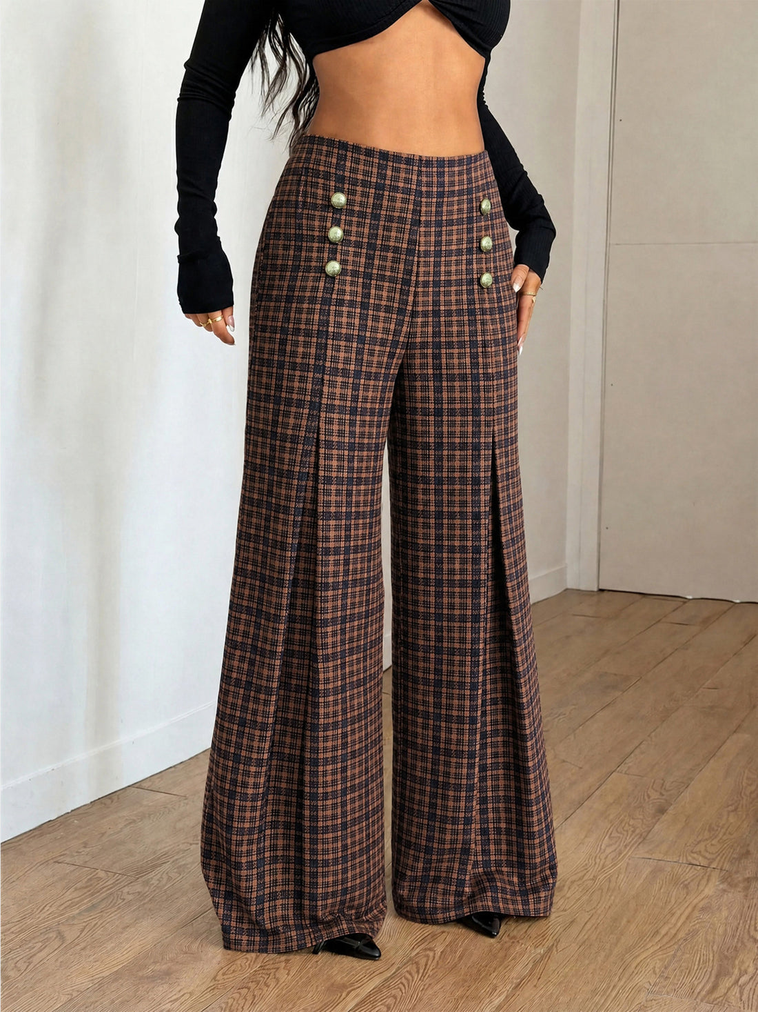 wide-leg pants in brown featuring decorative buttons and wide-leg fit