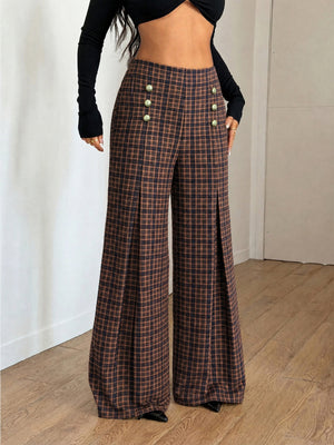 wide-leg pants in brown featuring decorative buttons and wide-leg fit