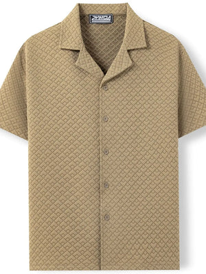 Khaki textured quilted camp collar short sleeve shirt