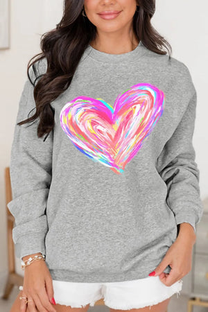 Gray crewneck sweatshirt with a colorful painted heart graphic.