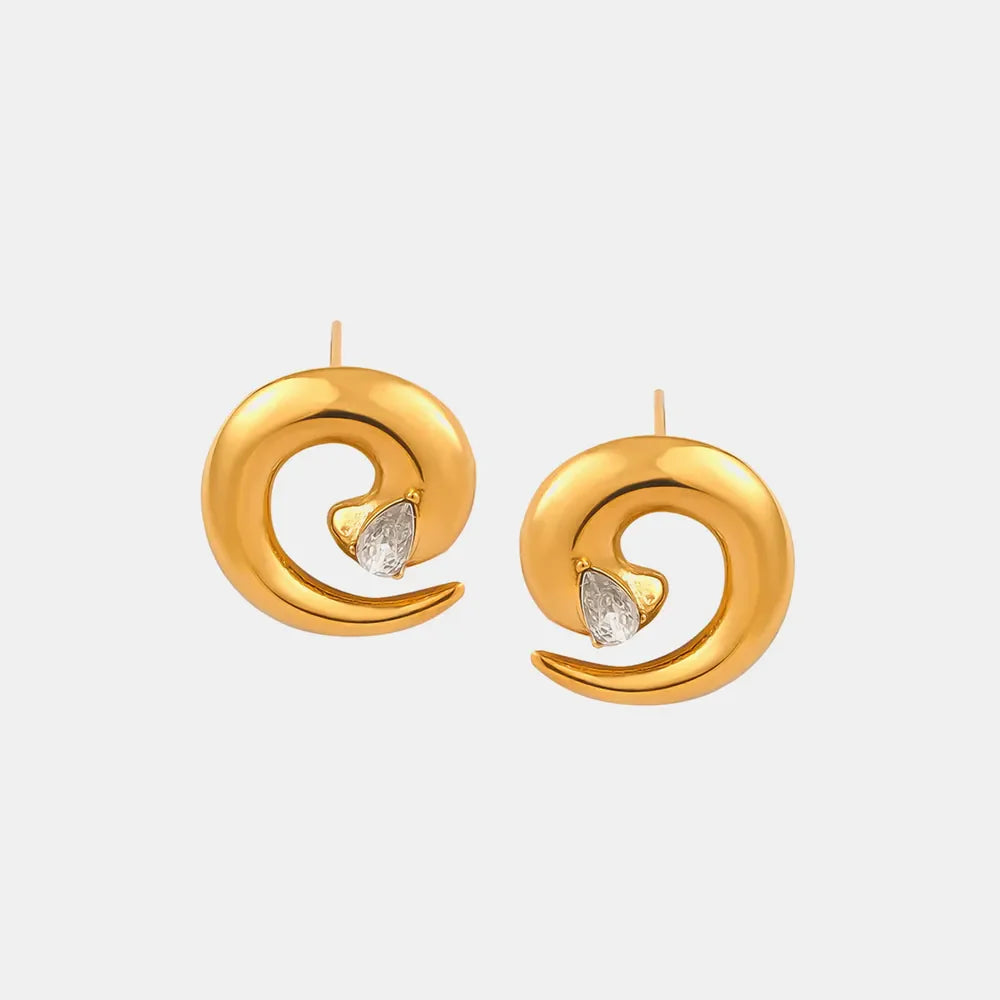 Gold swirl stud earrings with clear pear-shaped zirconia accents