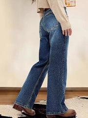 Dark blue denim straight leg jeans with vintage wash and buttoned closure.