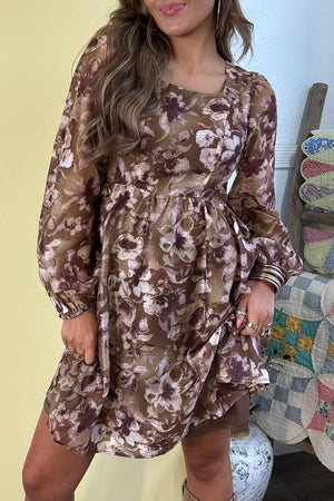 Brown with Abstract Floral Print Square Neck Mini Dress