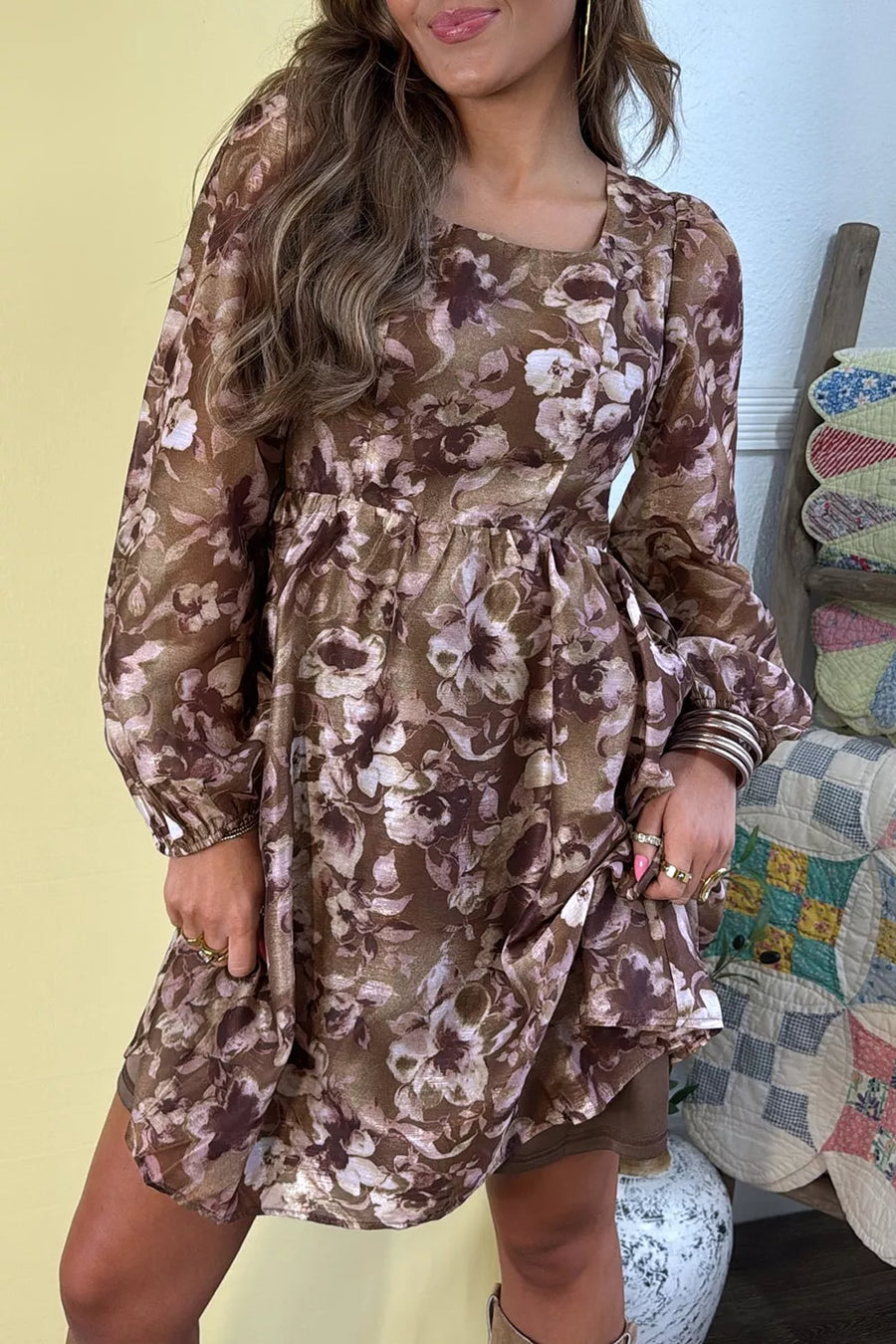 Brown with Abstract Floral Print Square Neck Mini Dress