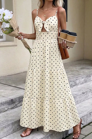 Cream polka dot maxi dress with tie front cutout and tiered skirt