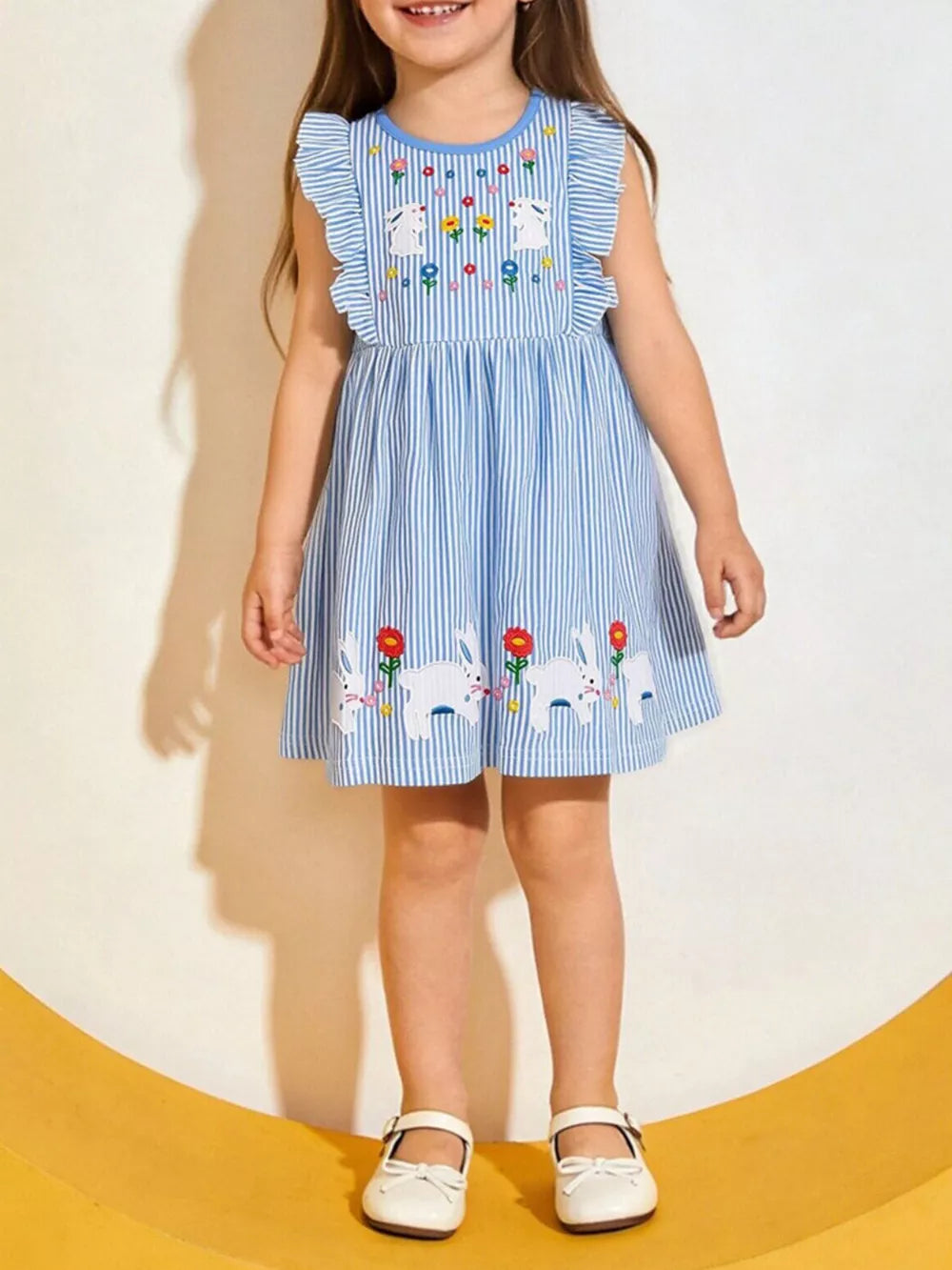 Blue striped cotton toddler dress with embroidered bunnies and flowers, ruffle sleeves.