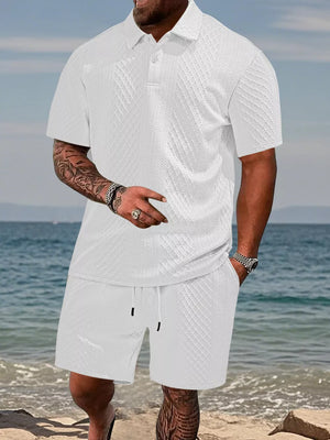 White textured knit polo shirt and drawstring shorts set for men.